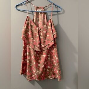 Banana Republic Spaghetti Strap Summer Ruffled Blouse Womens Sz L Tan/Pink